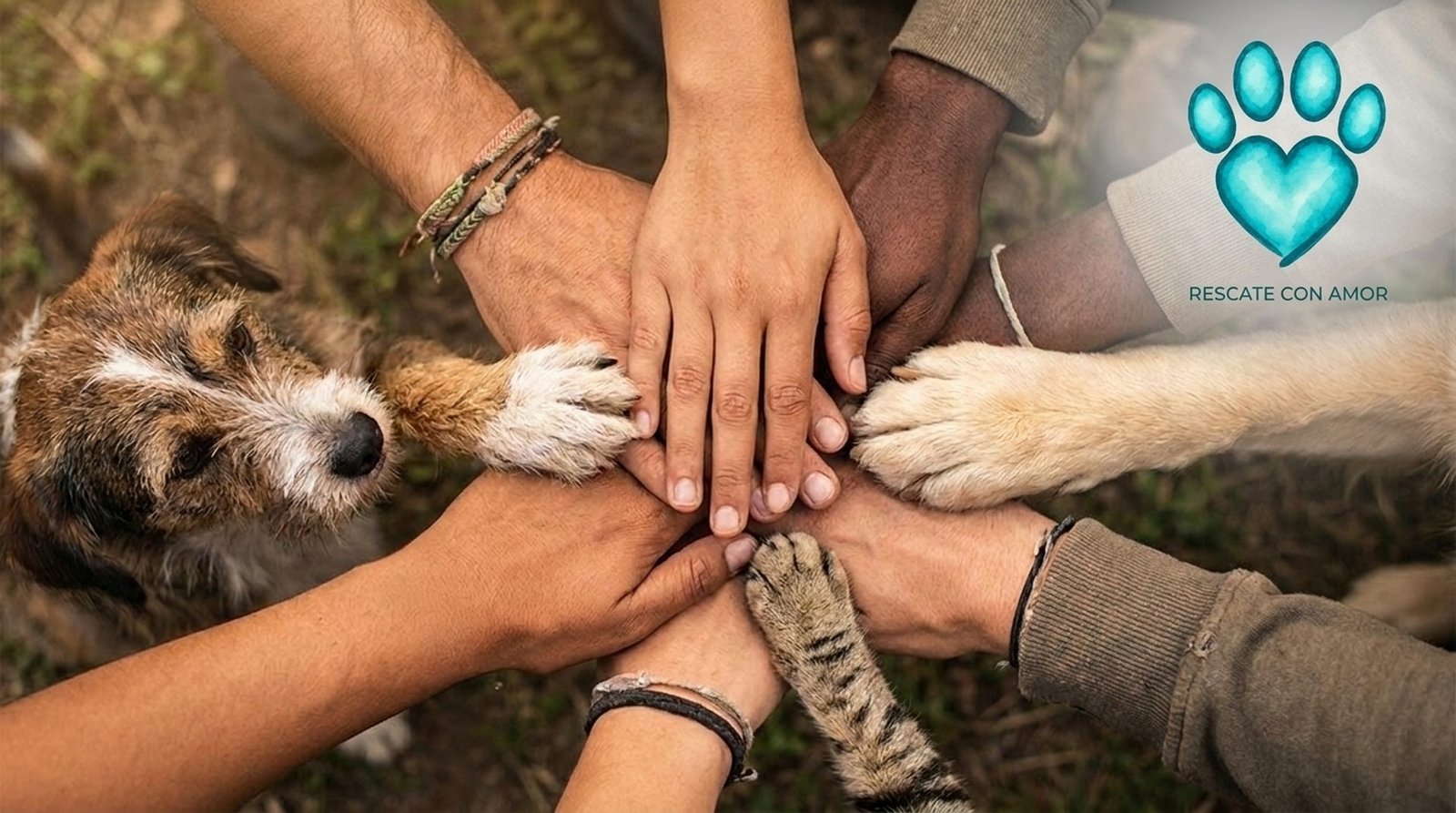 Volunteers, dogs and a cat placing hands and paws together